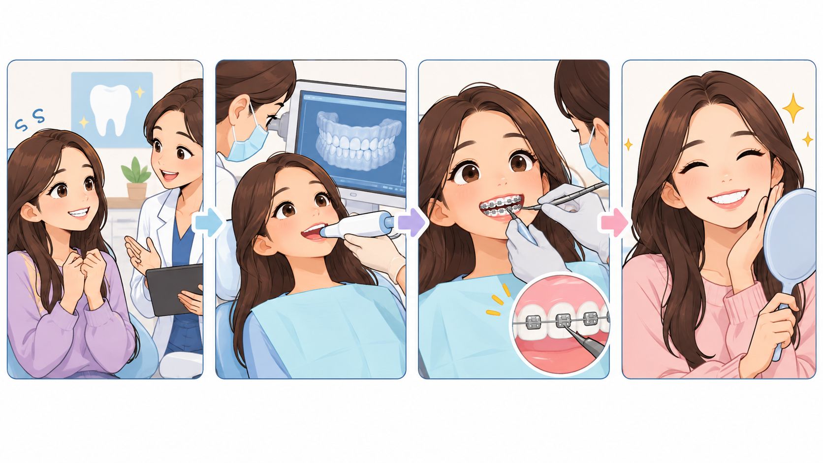 A sequence of four illustrations showing a woman undergoing the process of getting dental ceramic braces.