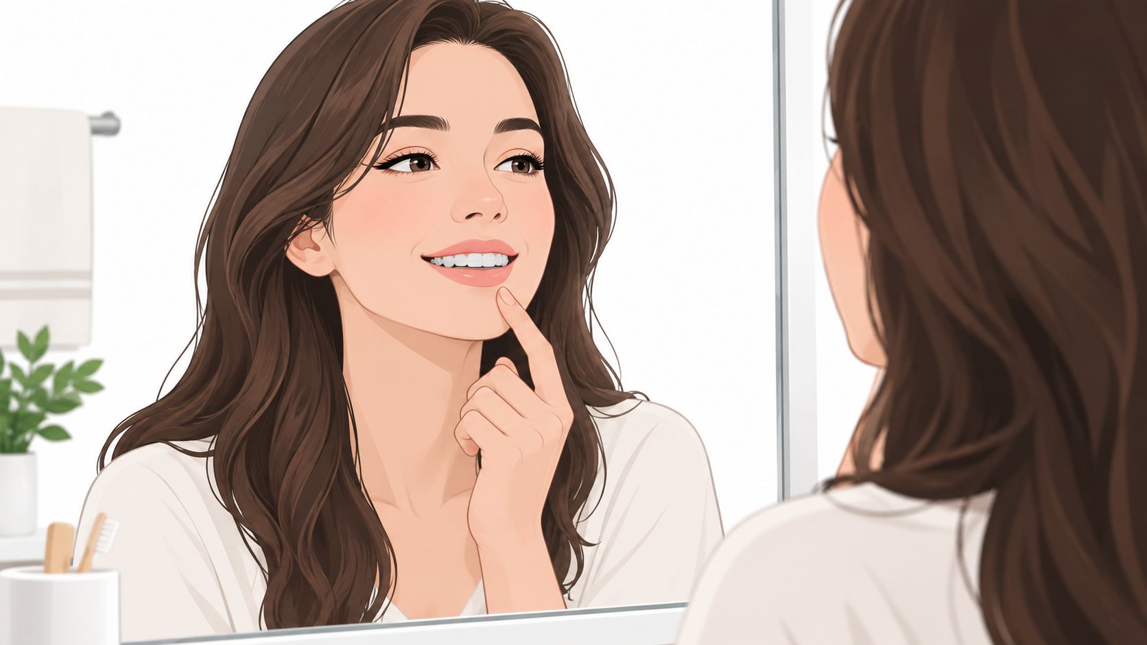 A woman smiling at her reflection in the mirror, highlighting her straight and well-aligned white teeth.