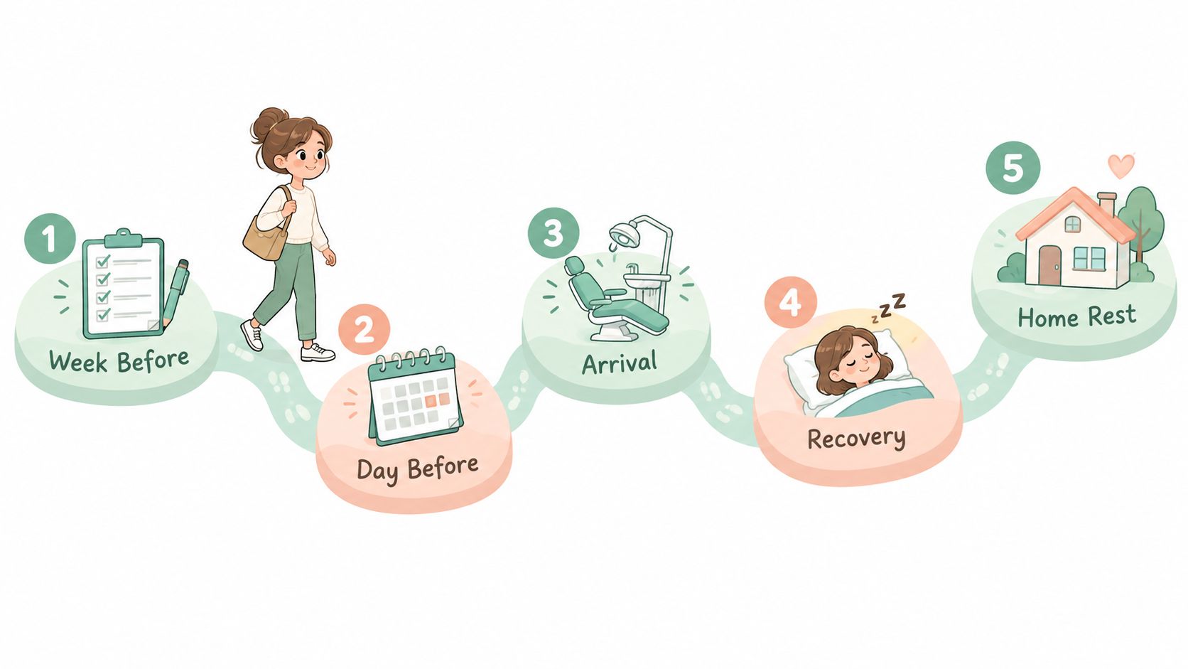 A whimsical illustration showing a five-step process guide for patients preparing for a dental surgery appointment.