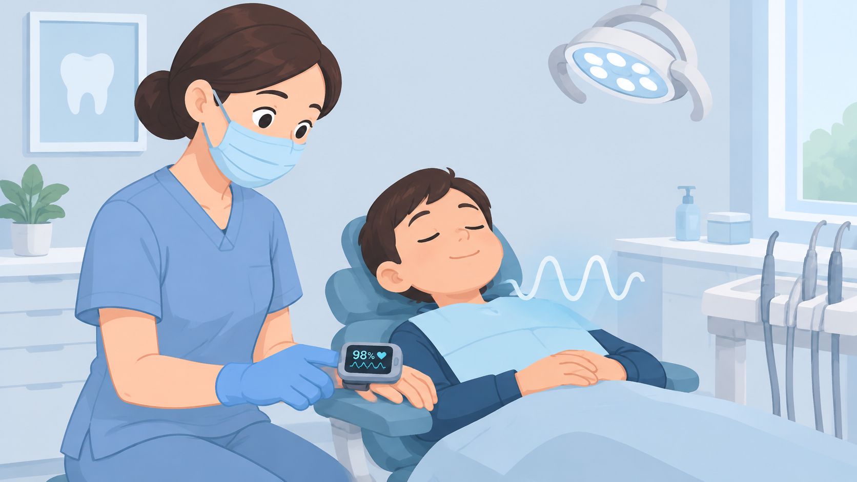 A gentle dentist monitoring a calm child patient using a pulse oximeter during a sedation dental procedure.