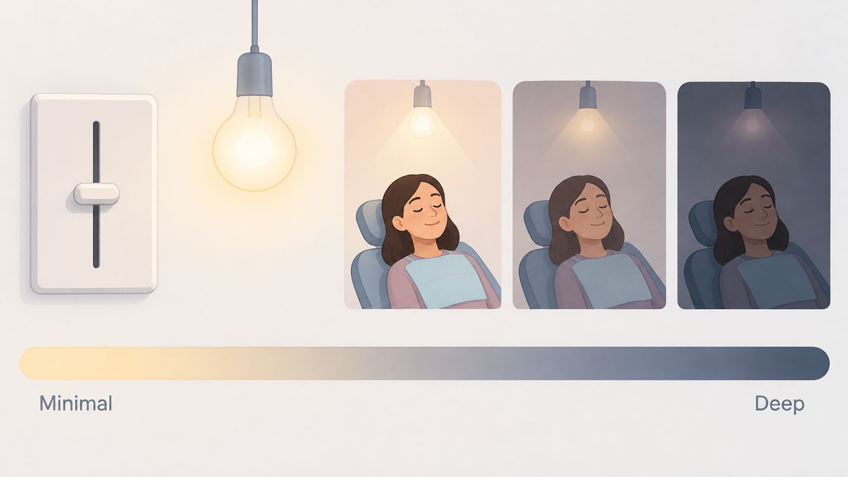 A diagram illustrating levels of sedation dentistry using a light dimmer and a patient relaxing.
