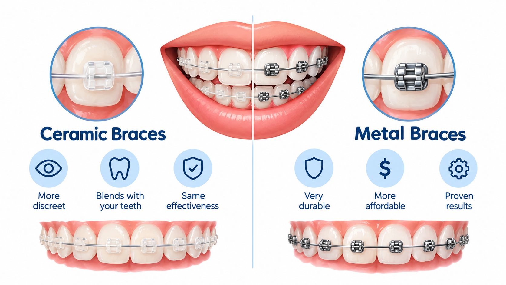 A comparative infographic showing the visual and practical differences between ceramic braces and traditional metal braces.