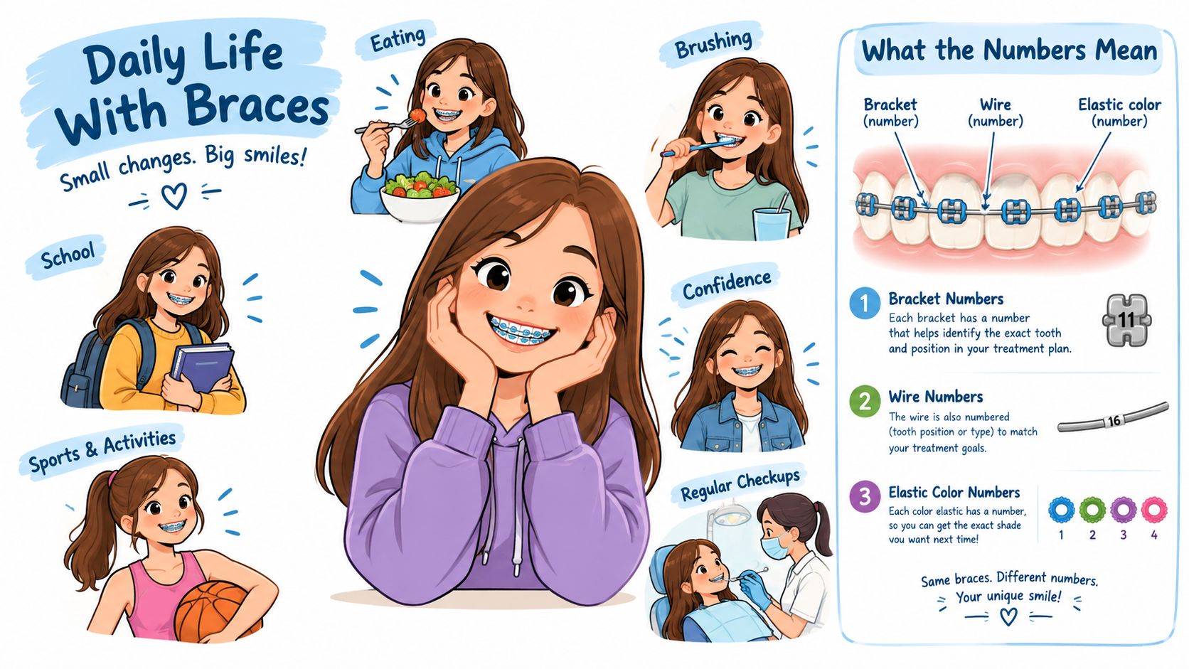 An infographic titled Daily Life With Braces showing a girl with braces in various daily activities.