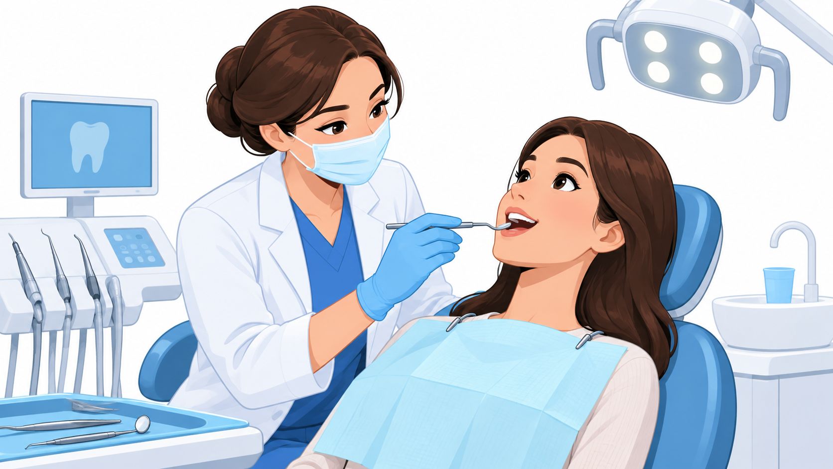A professional female dentist wearing a mask and gloves examines a patient in a modern dental office.