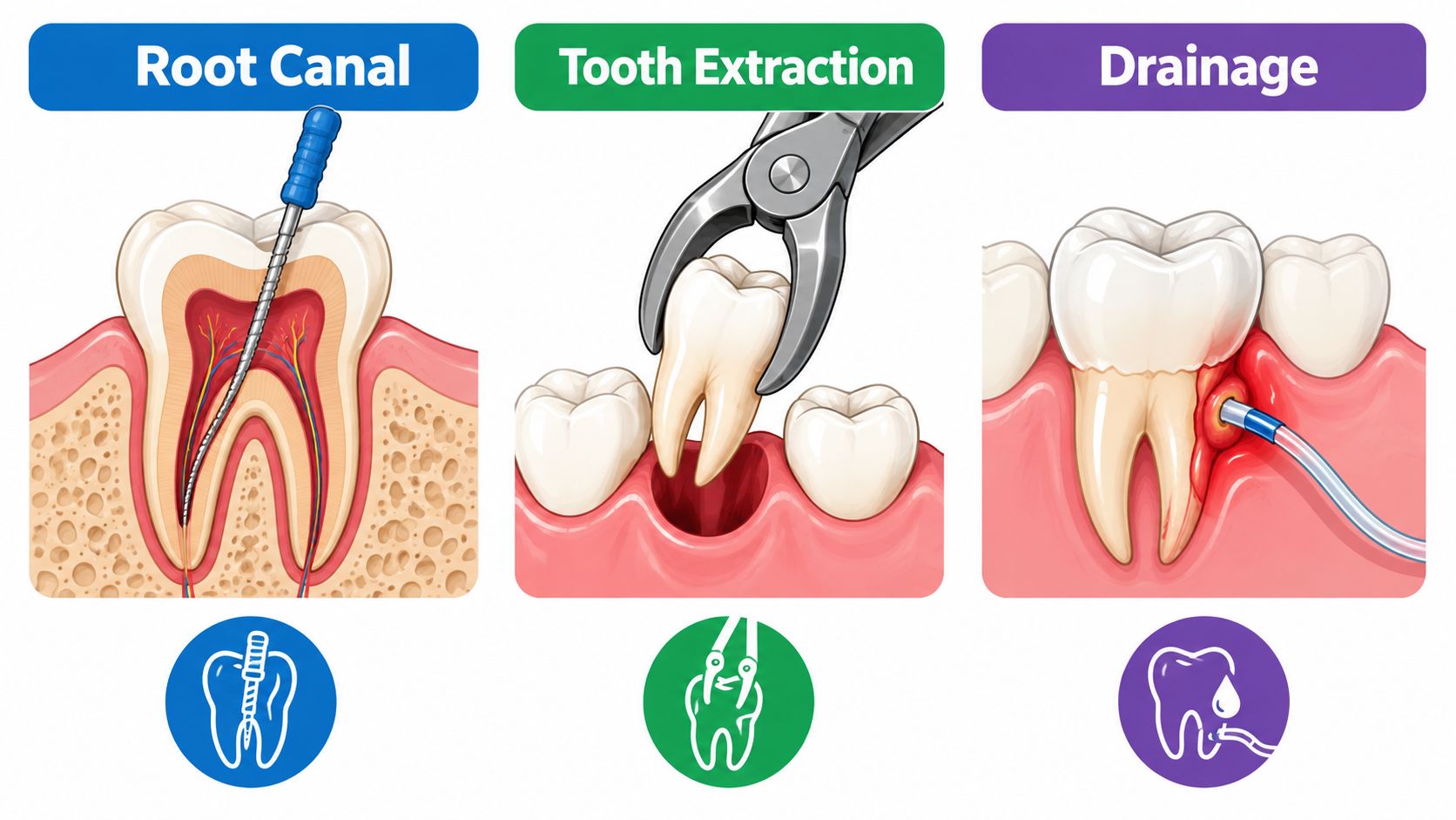 A dental illustration showing three procedures for treating a tooth infection: root canal, tooth extraction, and drainage.