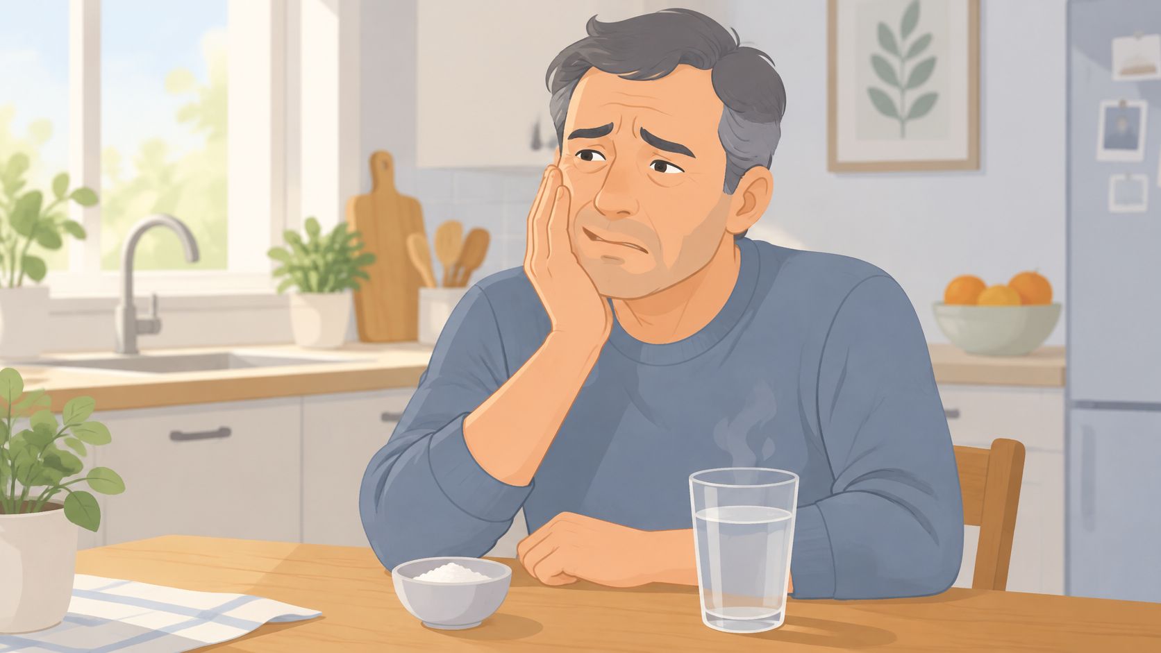 A middle-aged man sitting at a kitchen table looking pained while holding his swollen cheek in discomfort.