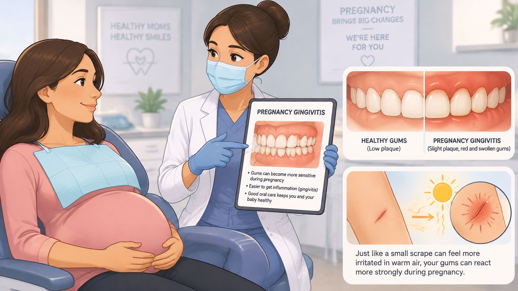 A pregnant woman sitting in a dentist's chair while a dentist explains pregnancy gingivitis using a chart.