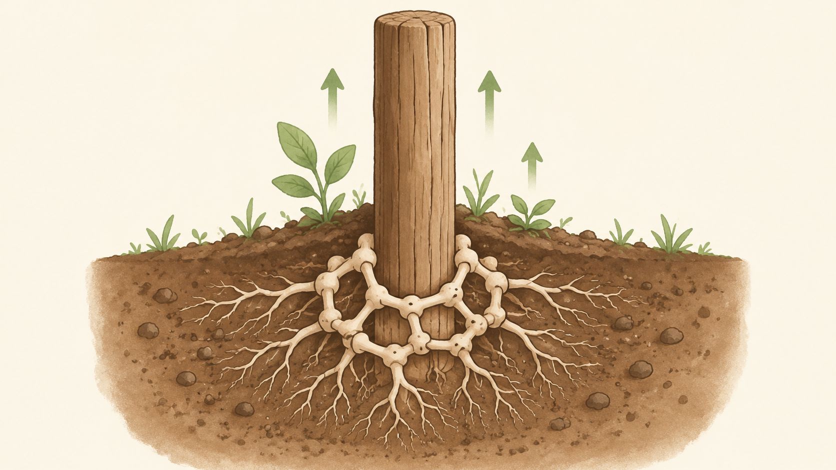 A conceptual illustration showing a post anchored in soil with bone-like roots, representing dental implant integration.