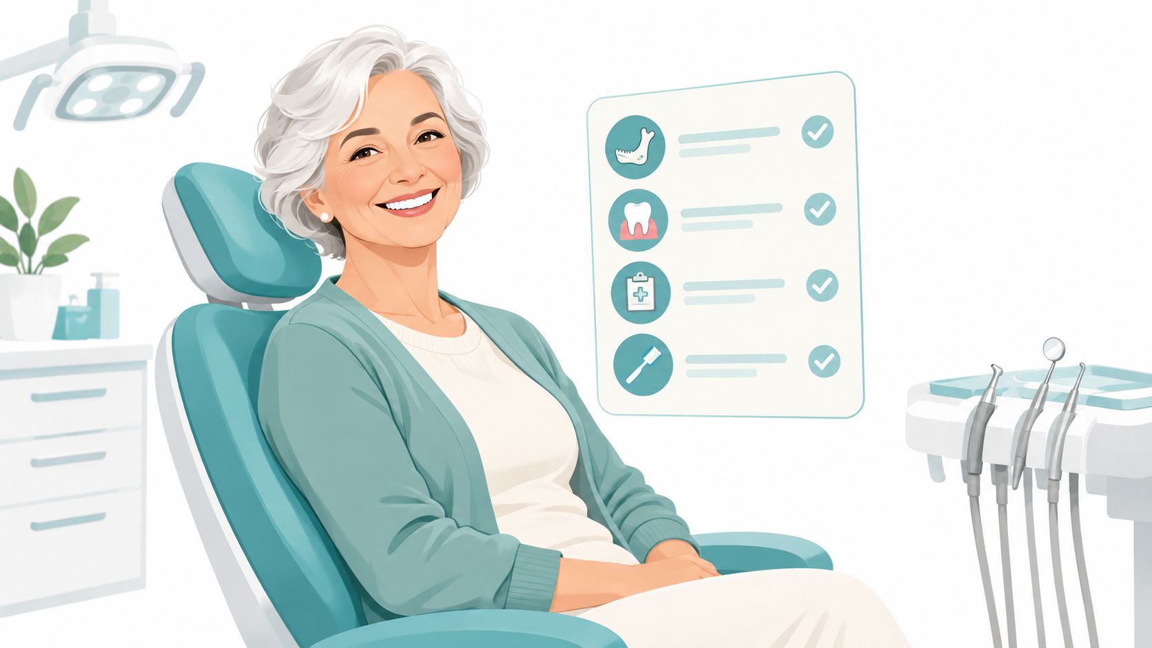 A happy senior woman sitting in a dental chair with a treatment plan checklist displayed beside her.