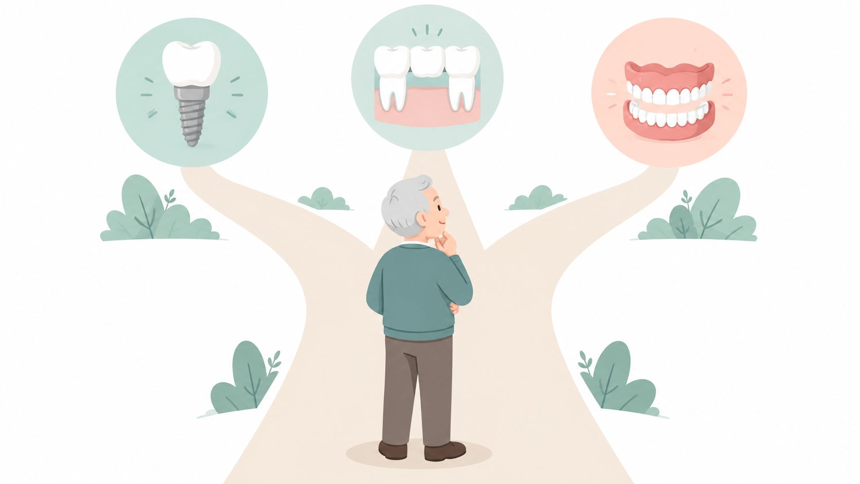An elderly man standing at a fork in the road considering dental options including implants, bridges, and dentures.