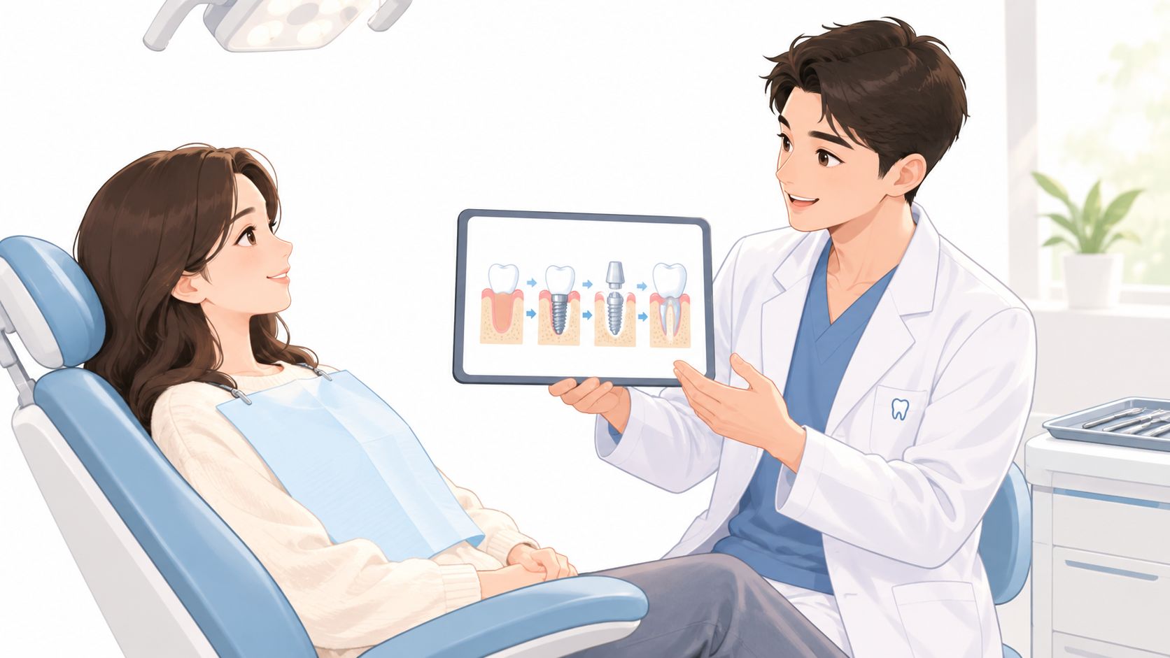 A friendly dentist explaining the dental implant procedure to a female patient using a digital tablet display.