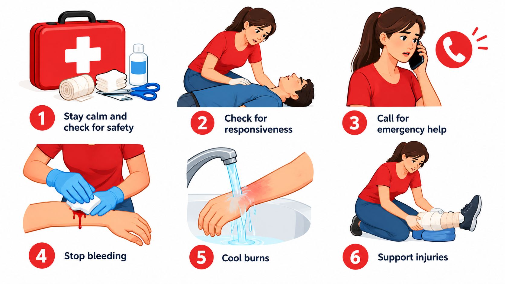 A six-step infographic illustrating basic first aid procedures for emergency medical situations and wound care.