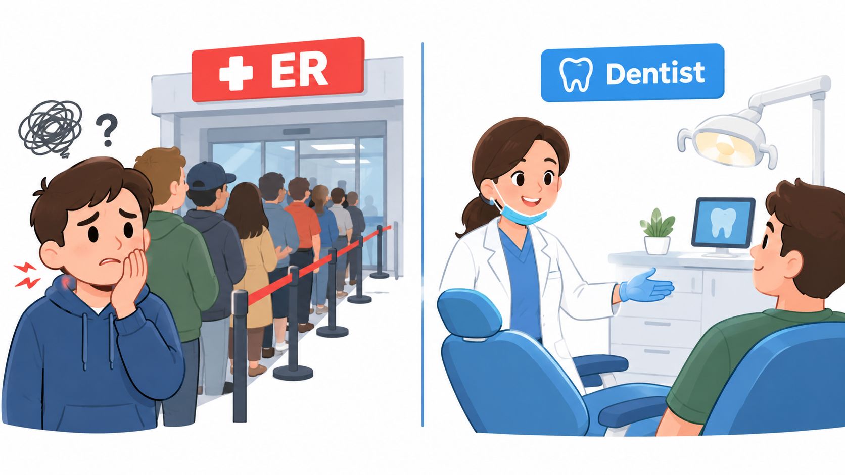 A person choosing between waiting in a long emergency room line and visiting a dentist office.