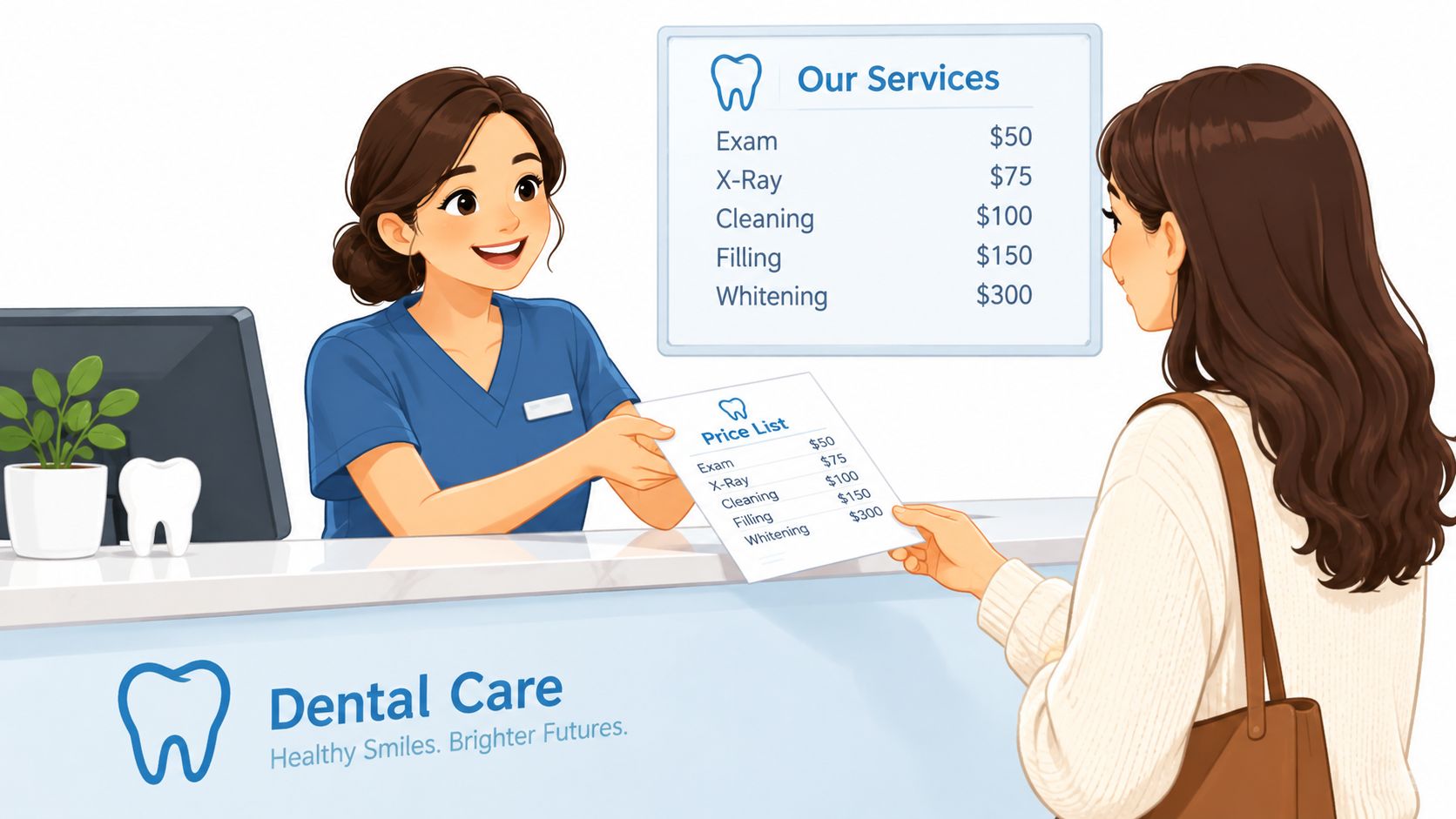 A friendly receptionist hands a printed price list to a patient at a dental office front desk.