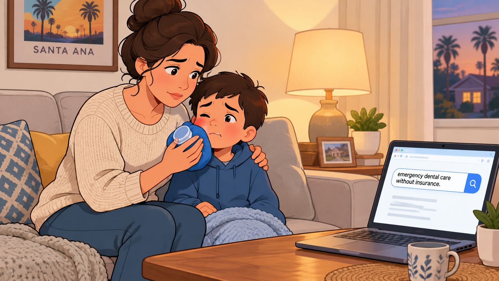 A concerned mother holding an ice pack to her young son's swollen cheek while searching online for help.
