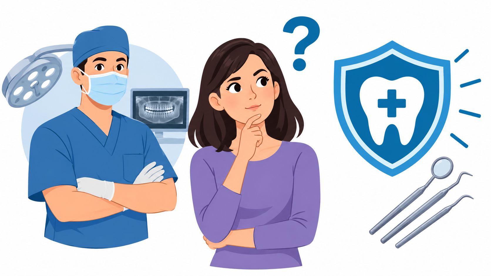 A dentist standing next to a thoughtful woman contemplating dental insurance options with professional tools nearby.
