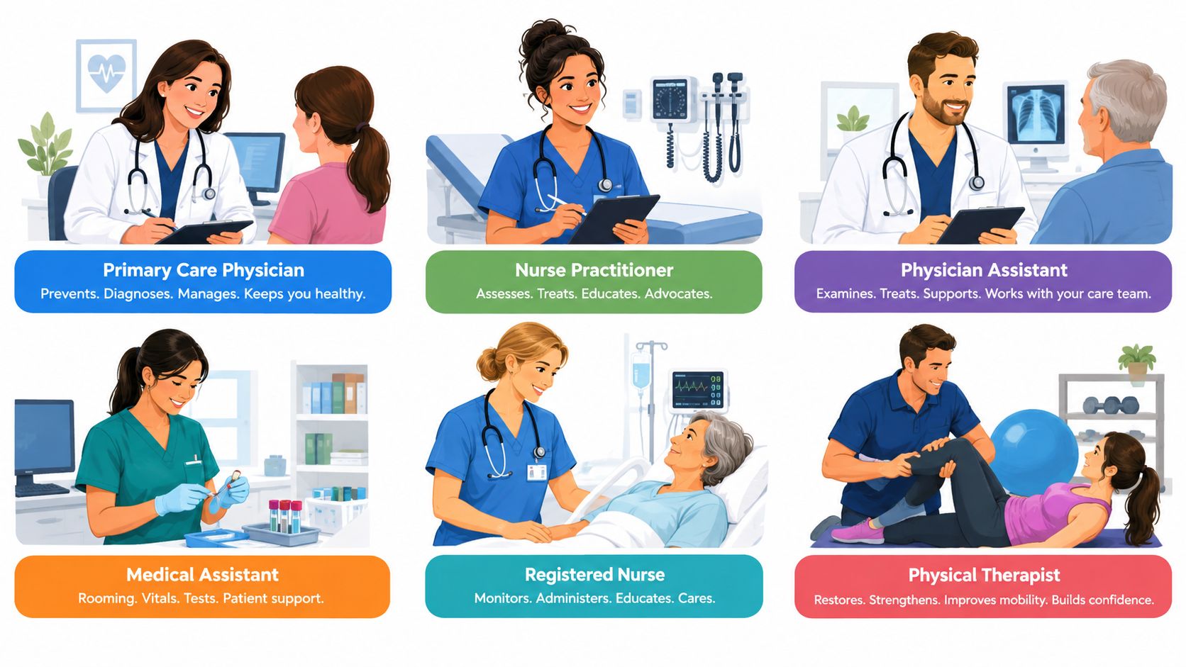 An infographic illustrating various healthcare roles including doctors, nurses, and therapists with their primary responsibilities.