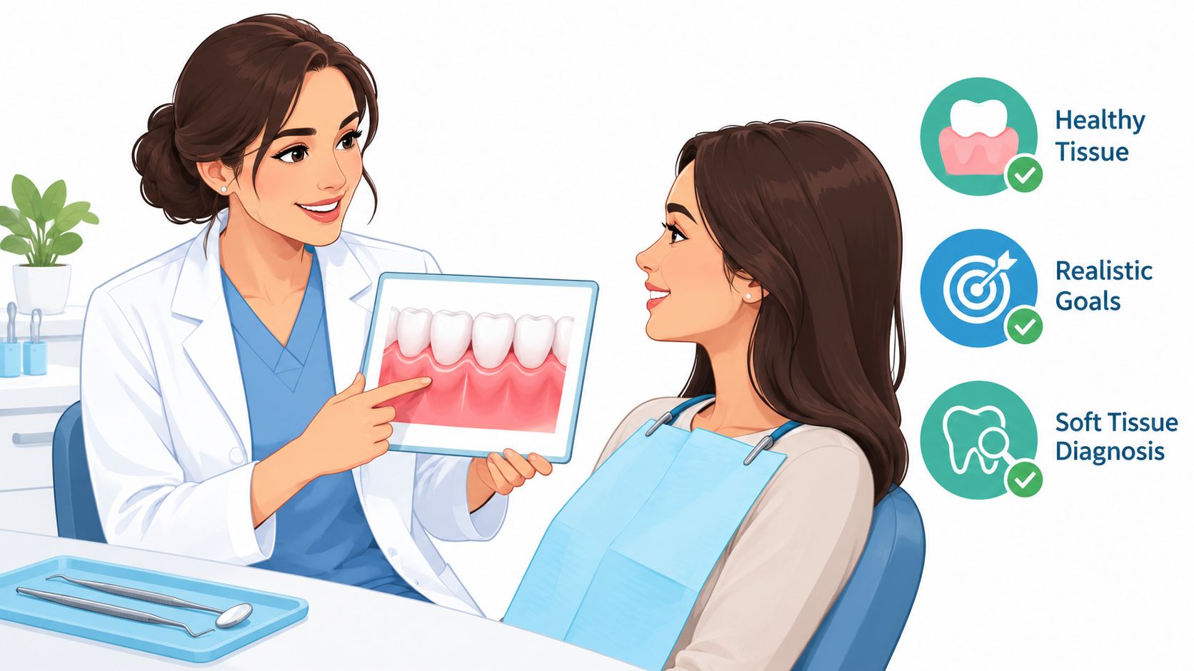 A female dentist explaining a gum contouring procedure using a tablet display to a patient in her office.