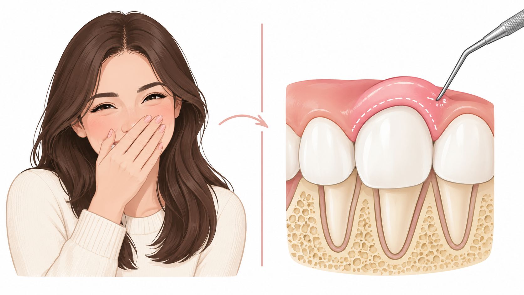 A woman smiling behind her hand next to an illustration showing a dental gum contouring procedure