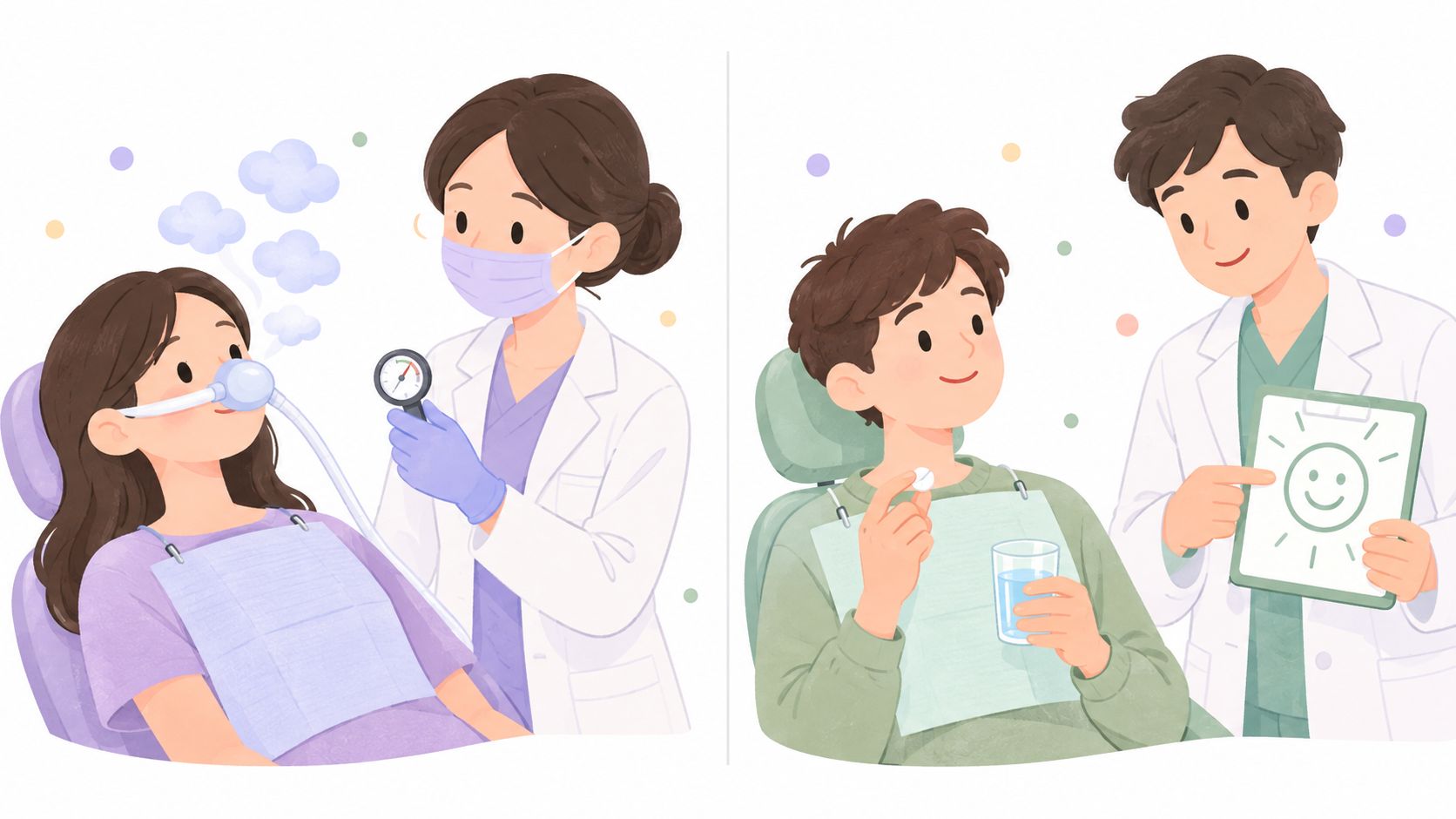 A split illustration showing a dentist providing sedation to a patient and a doctor discussing treatment success.