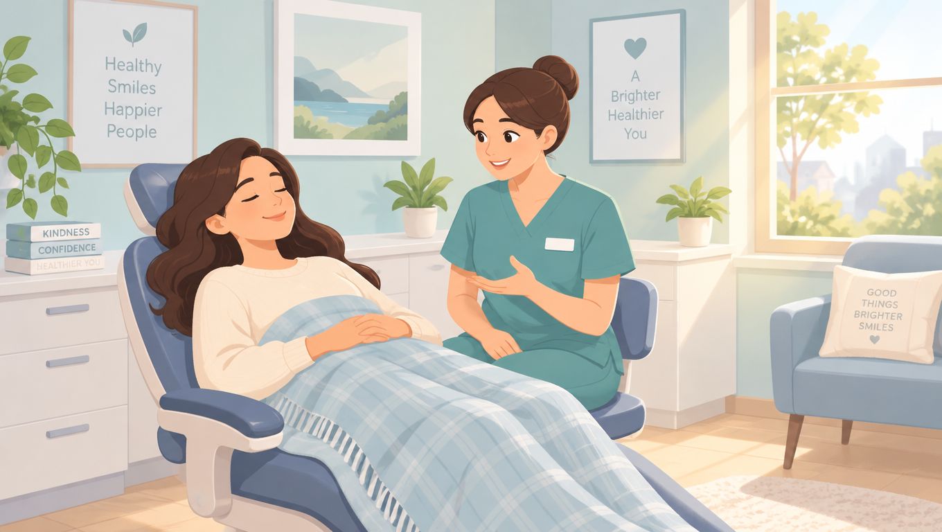 A gentle dental professional talking to a relaxed, comfortable patient resting in a dental office chair.