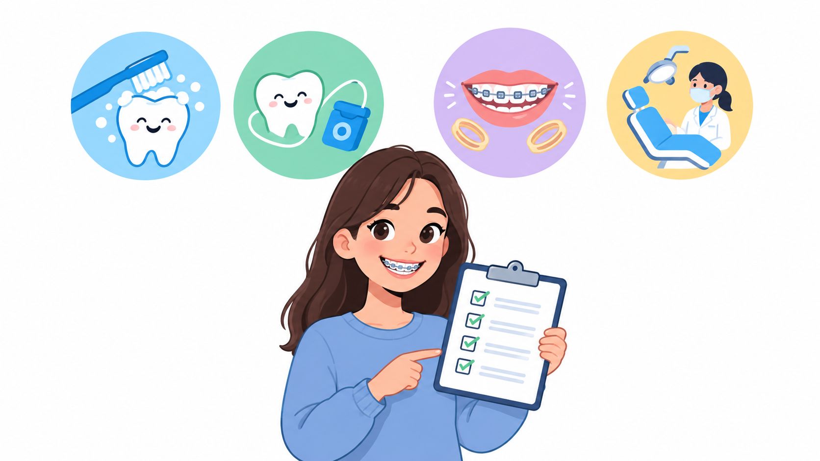 A young woman with braces smiling and holding a checklist with icons of dental care procedures above.