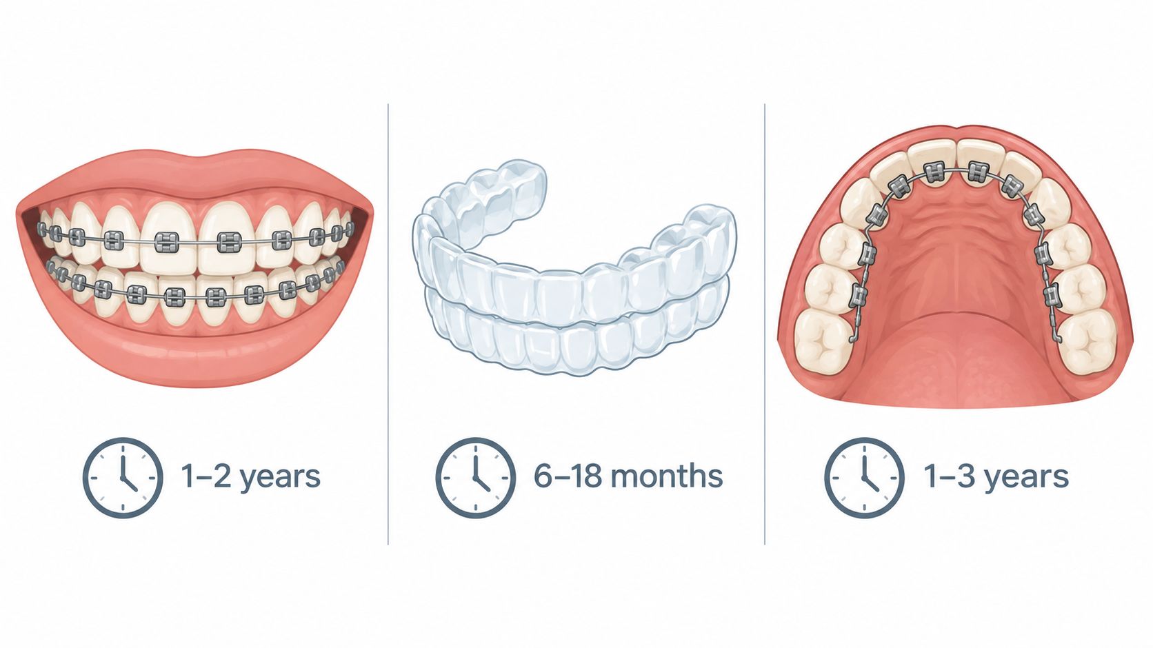 A comparison of three different orthodontic treatment options with their estimated duration in years and months.