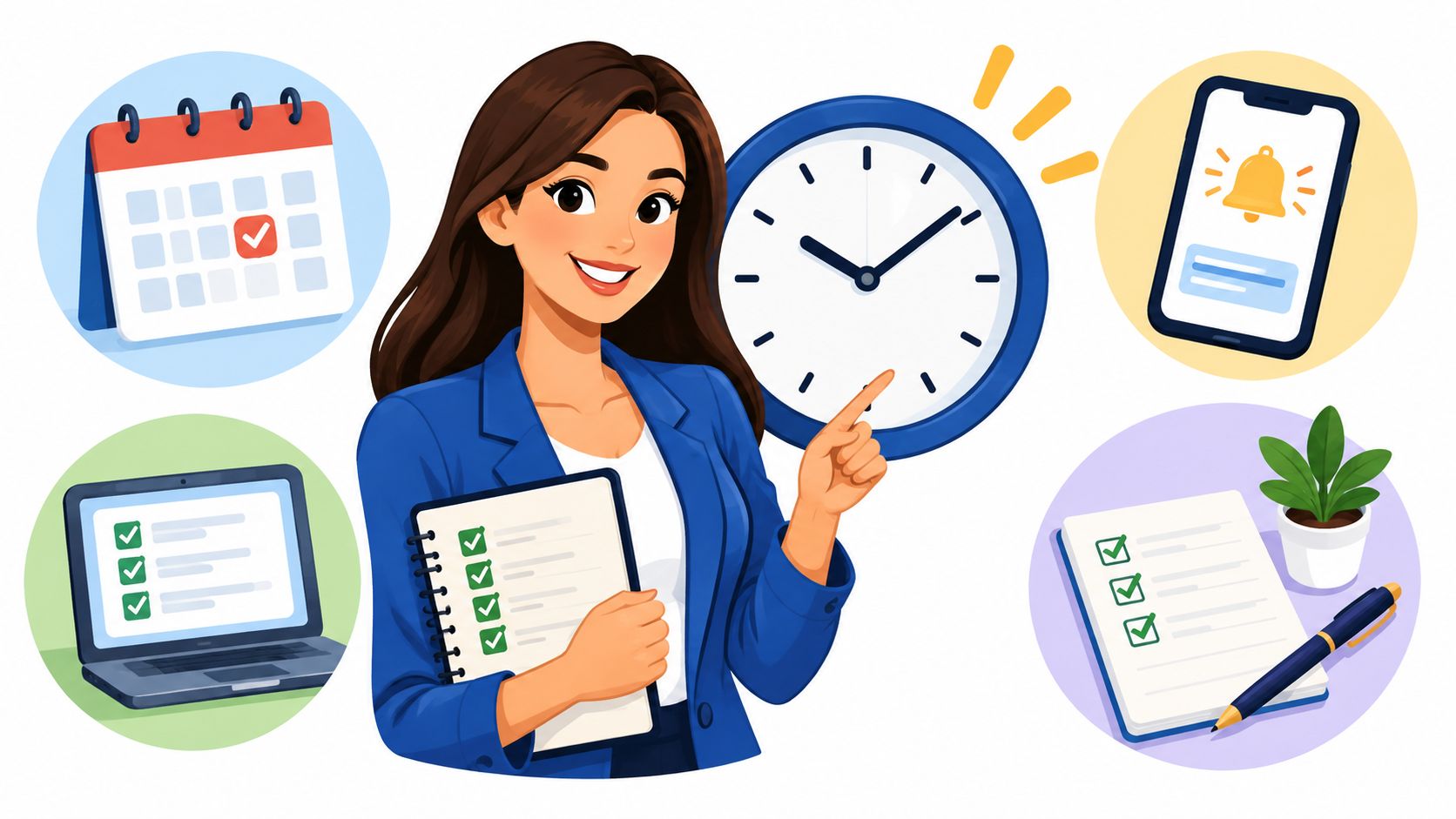 A professional woman presenting business planning tools including a calendar, clock, checklist, smartphone, and notebook.