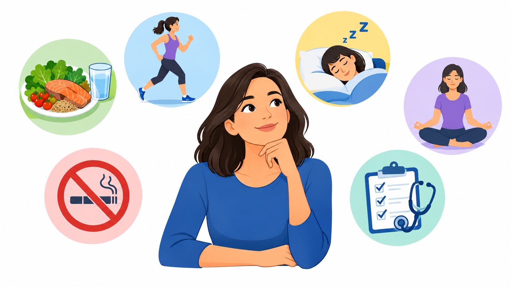 A woman thinking about healthy habits including nutrition, exercise, sleep, meditation, quitting smoking, and medical checkups.
