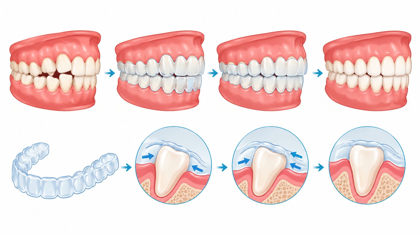 A dental illustration showing the progressive stages of teeth straightening using clear aligner trays on teeth.