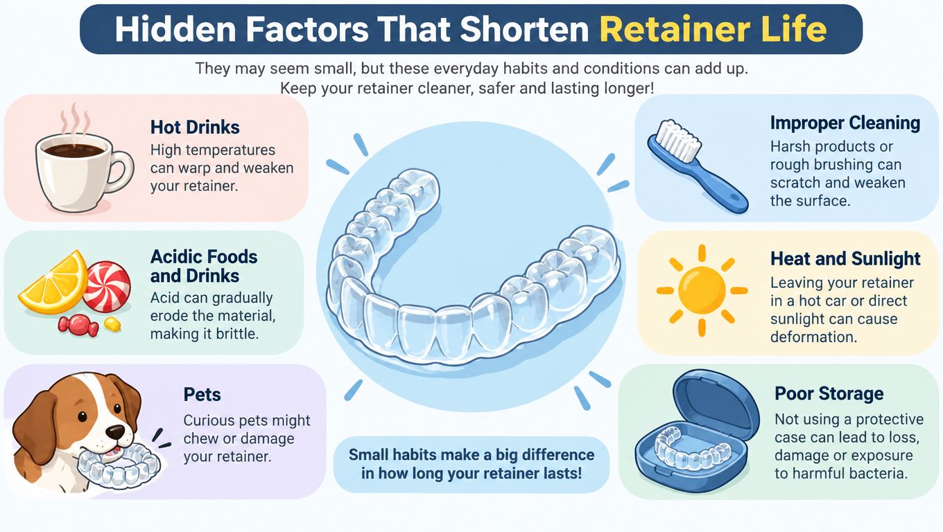 An infographic illustrating various hidden factors like heat, pets, and improper storage that shorten the lifespan of dental retainers.