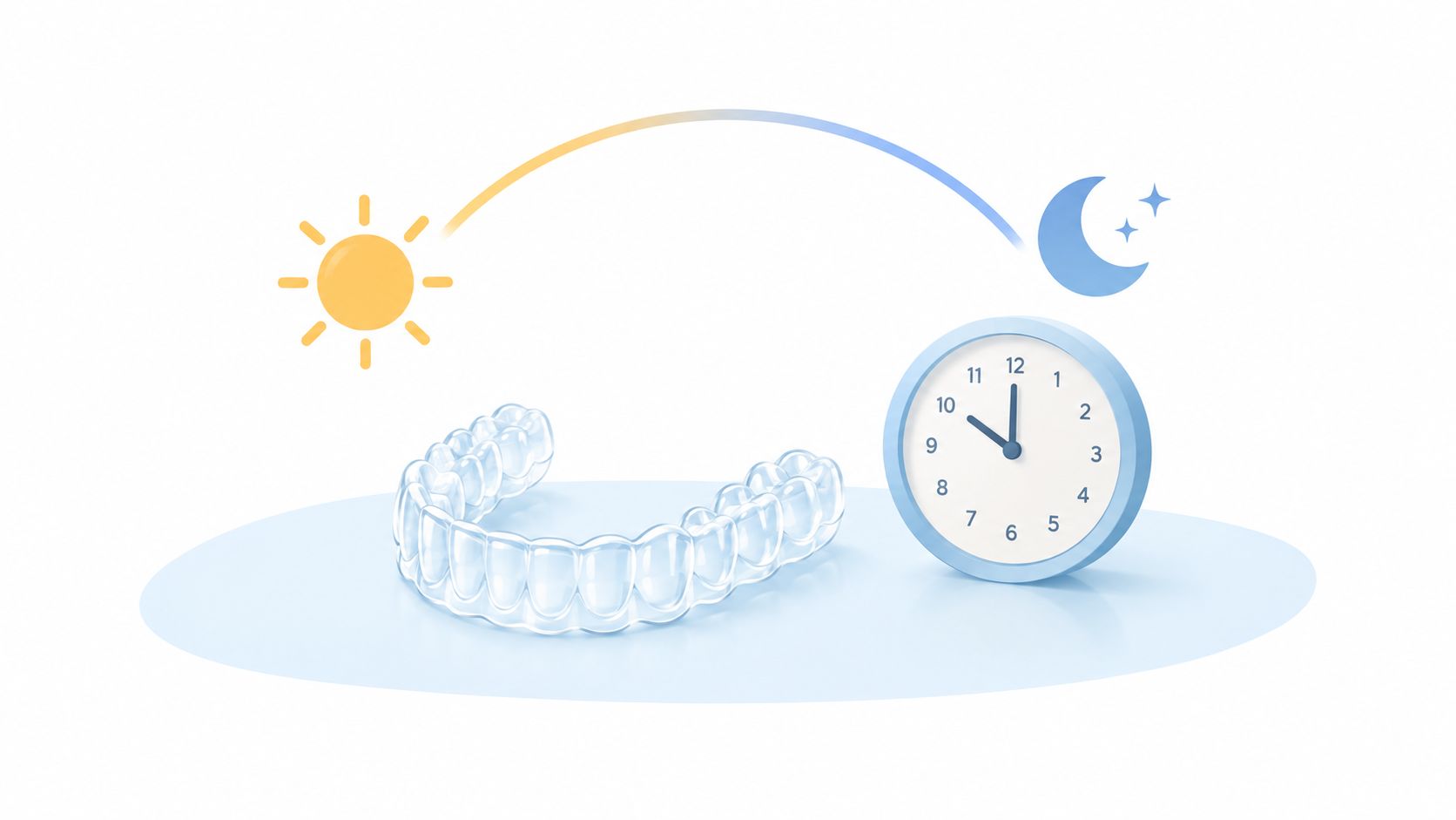 Clear dental aligners placed next to a clock representing day and night usage for teeth straightening.