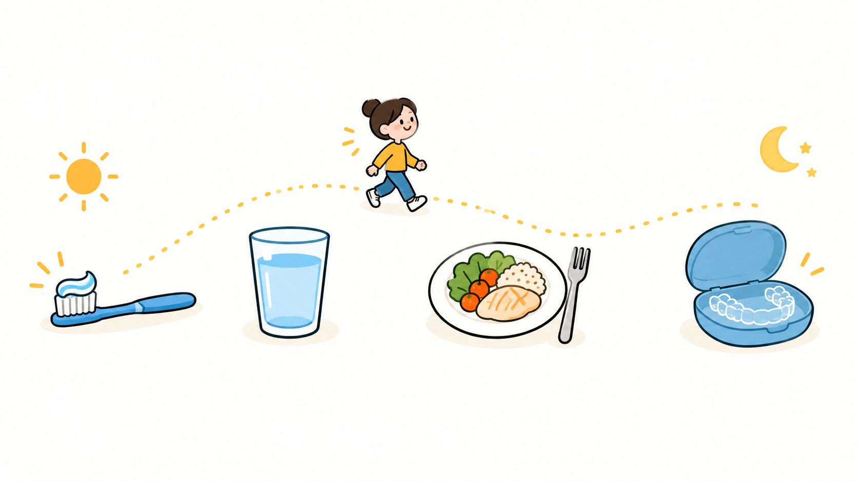 A girl navigating a daily routine involving brushing teeth, drinking water, eating healthy meals, and wearing dental aligners.