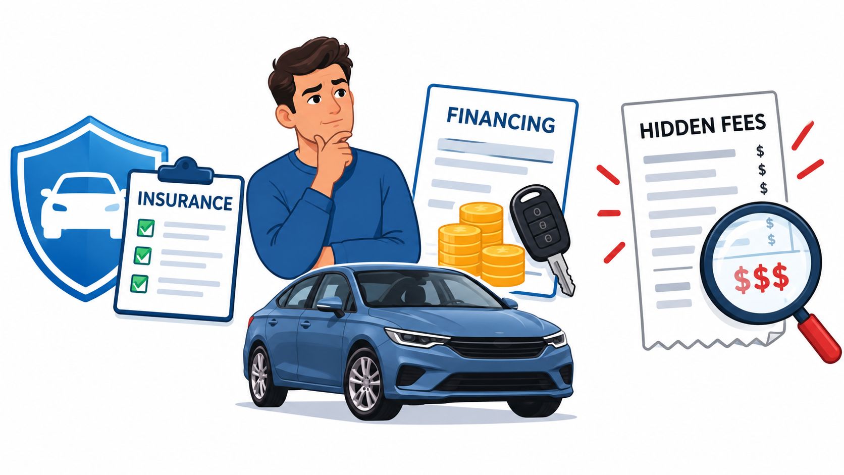A man thinking about car costs including insurance, financing, and hidden fees when purchasing a new vehicle.