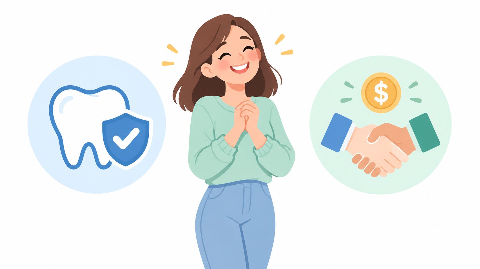 A happy woman standing between a dental protection icon and a financial handshake symbol regarding dental care costs.