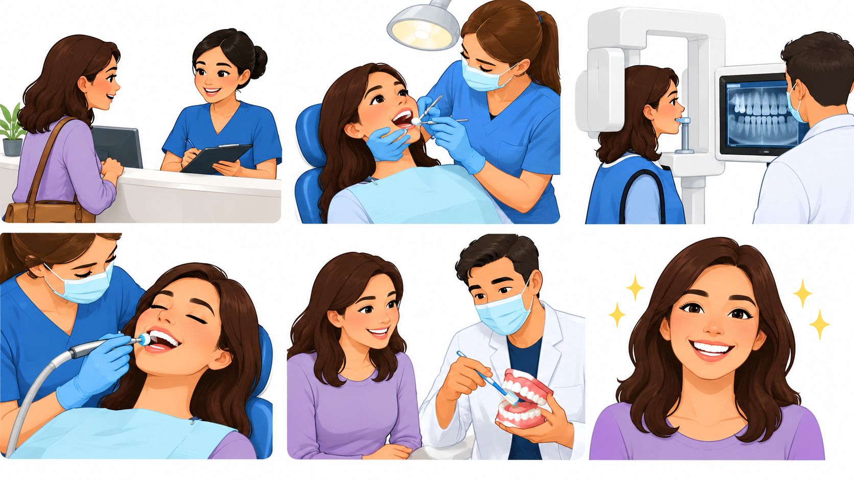 A sequence of illustrations showing a woman visiting the dentist for examination, X-rays, cleaning, and education.