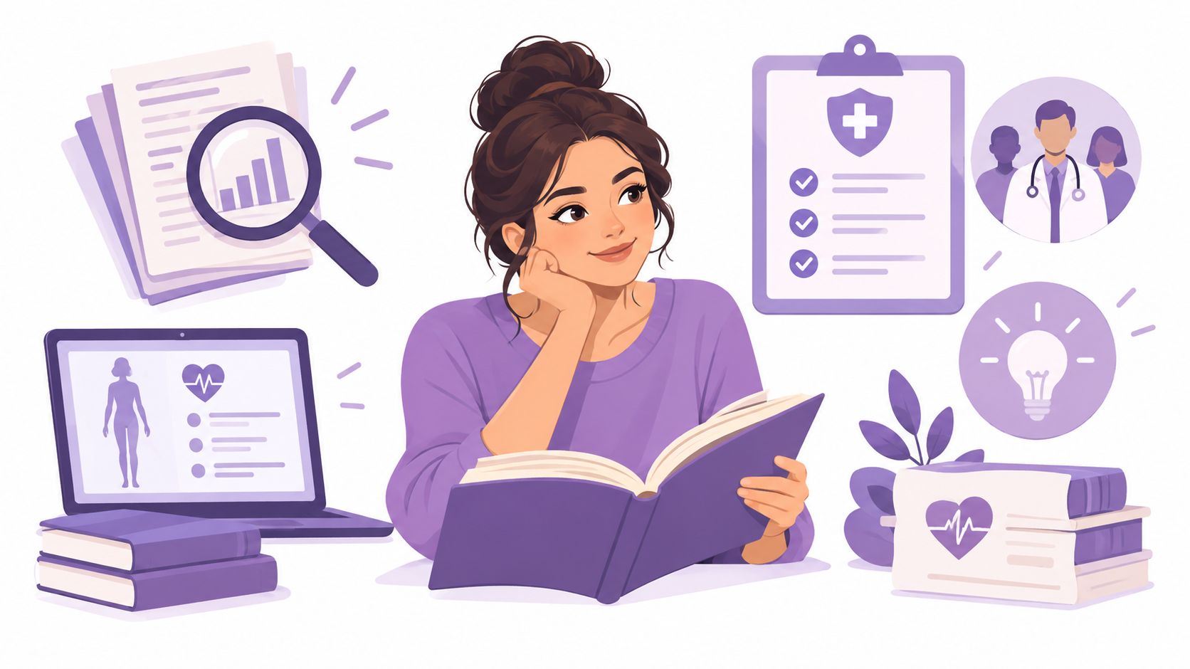 A young woman studying medical literature at a desk surrounded by healthcare and dental analysis icons.