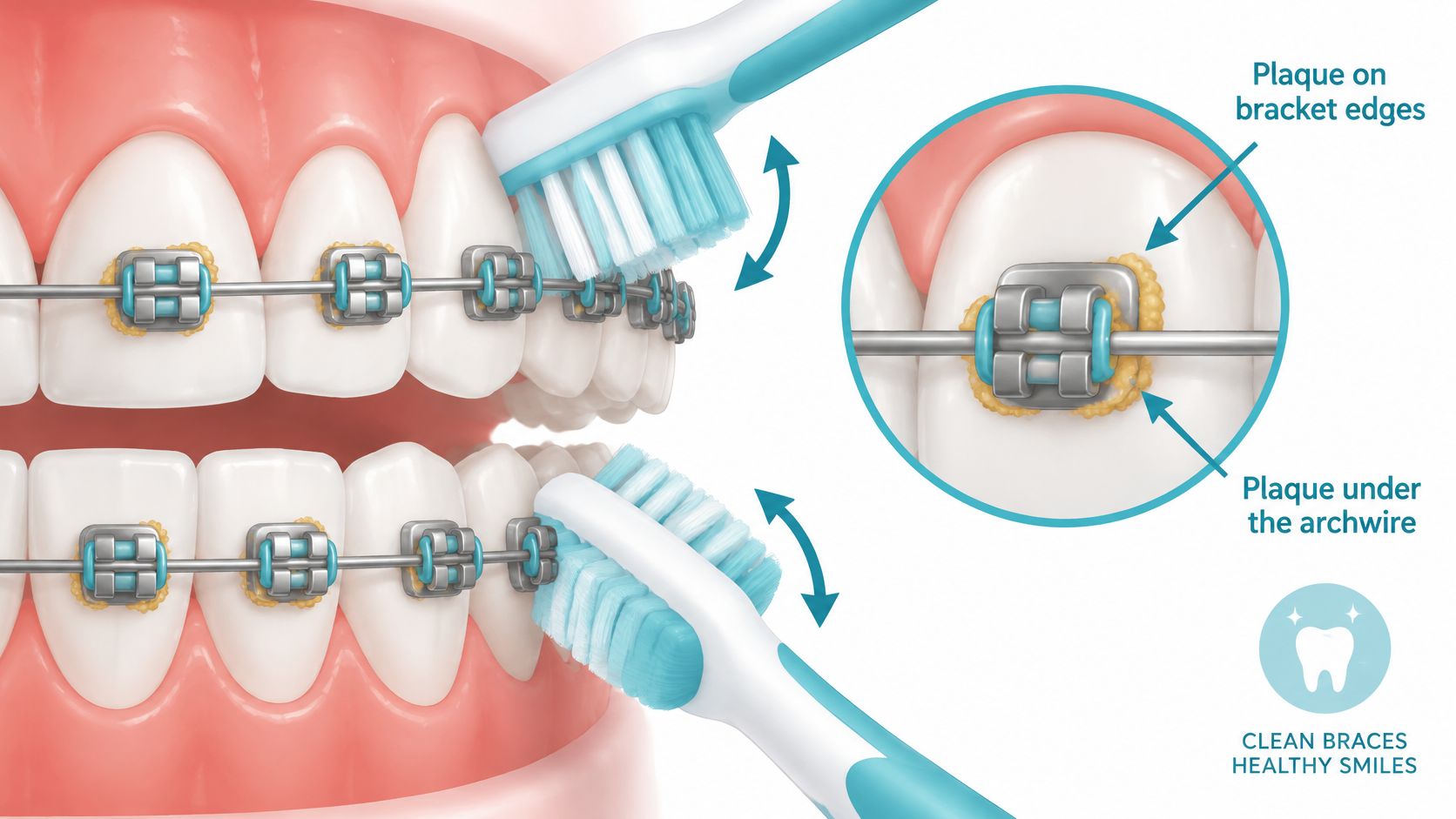 An illustration showing how to correctly brush teeth with dental braces to remove plaque and maintain hygiene.