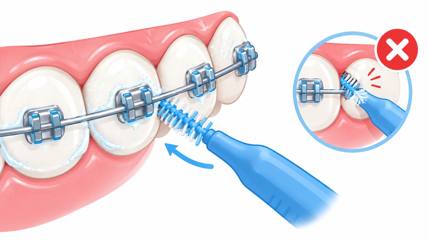An illustration showing the correct and incorrect ways to use an interdental brush on braces.