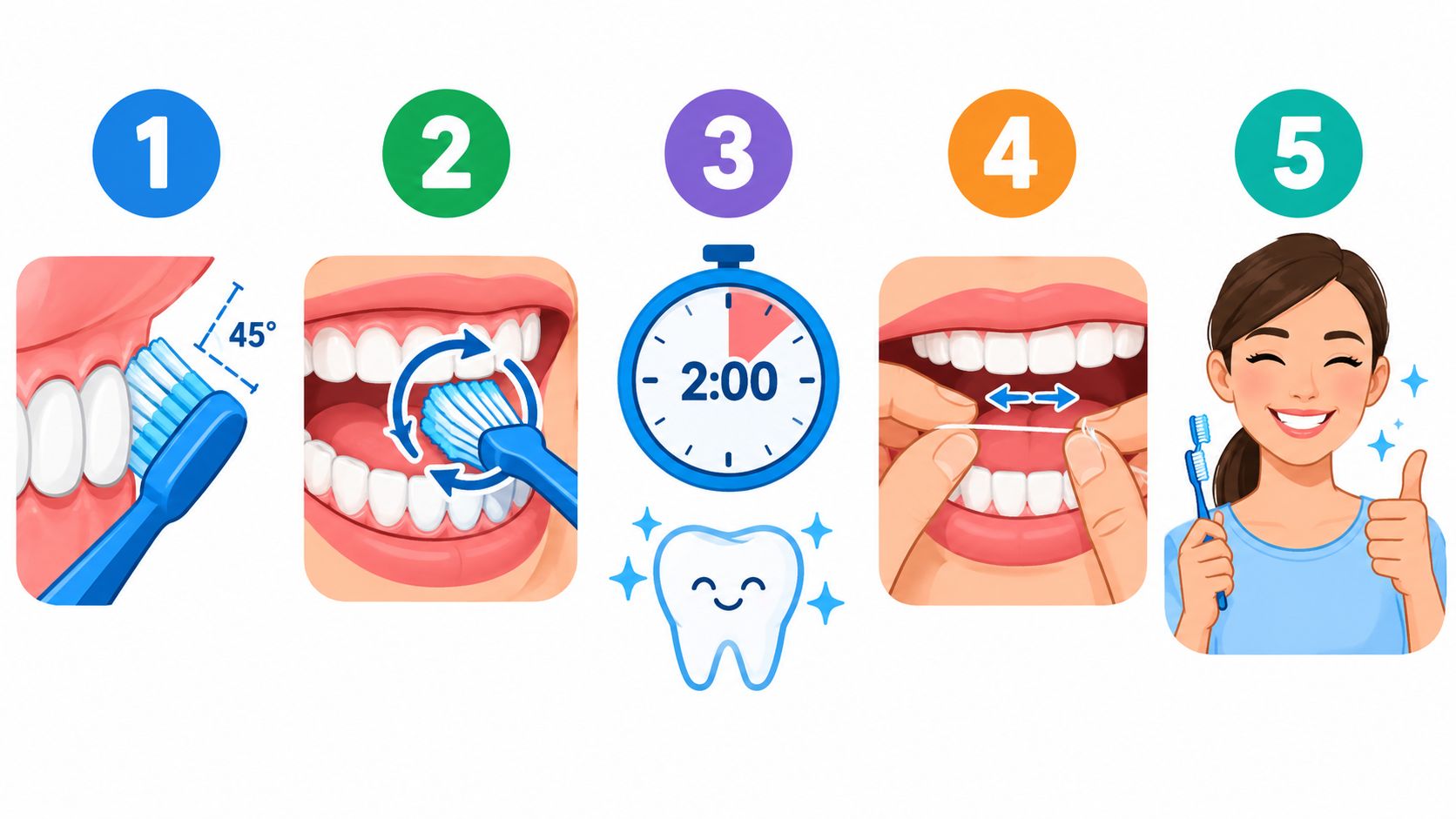A five-step dental care infographic showing proper toothbrush angle, circular brushing motion, timing, flossing, and healthy teeth.