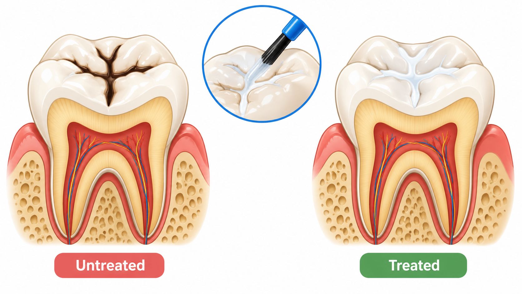A cross-section diagram showing an untreated tooth with decay versus a treated tooth with dental sealant.