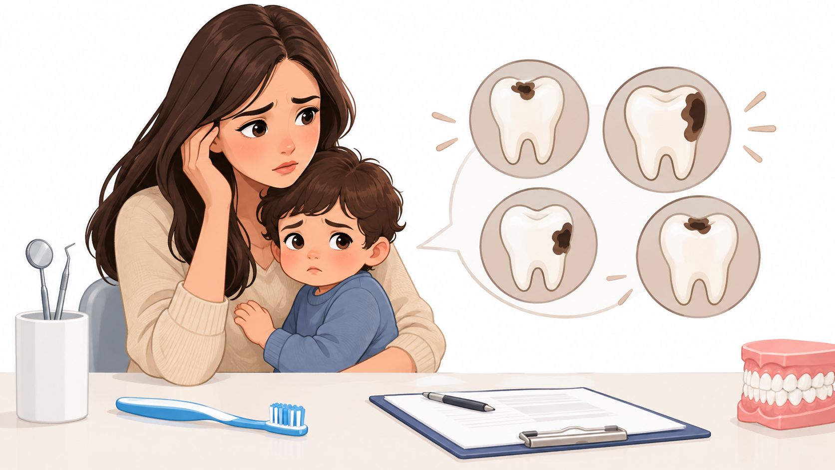 A concerned mother holding her young child while looking at dental diagrams showing tooth decay illustrations.