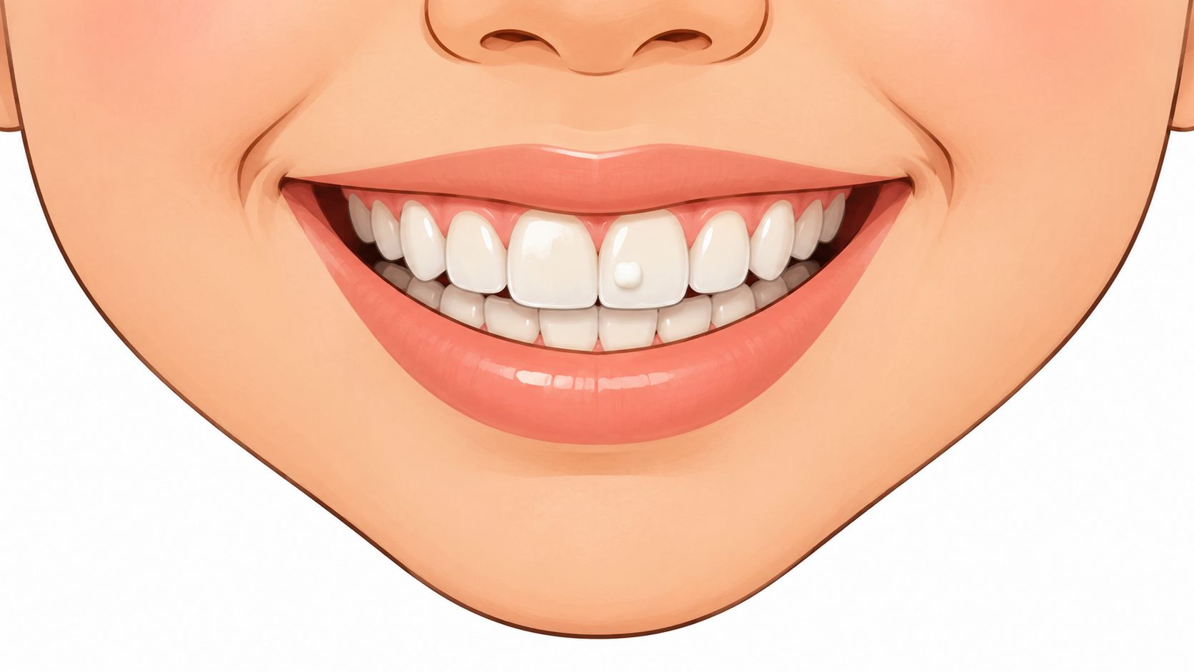 Close-up of a person's smiling mouth showing teeth with an Invisalign attachment bump on the front tooth.