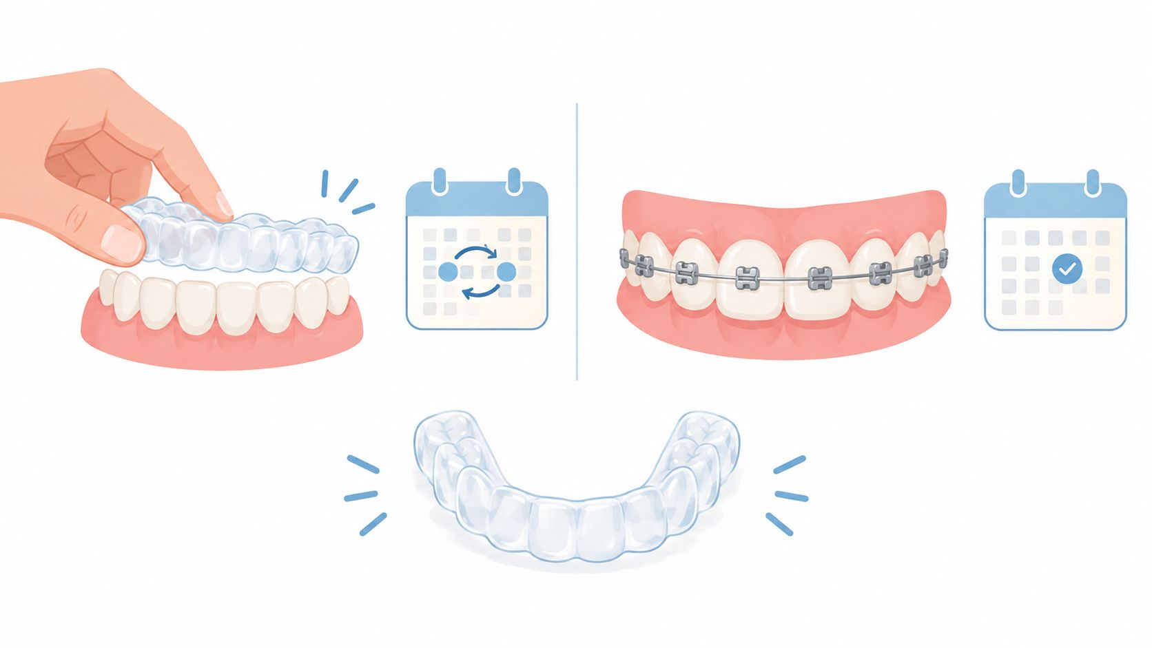 A comparison illustration showing a hand applying clear dental aligners versus traditional metal dental braces.