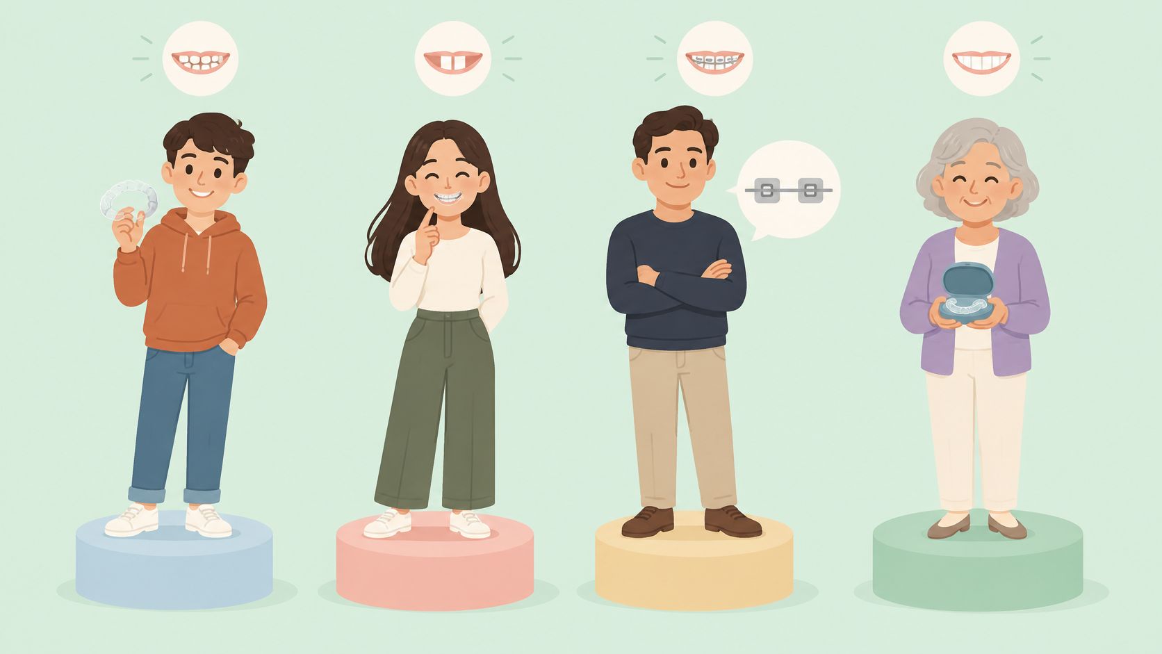 A diverse group of people showing different stages and options for teeth straightening and dental alignment care.