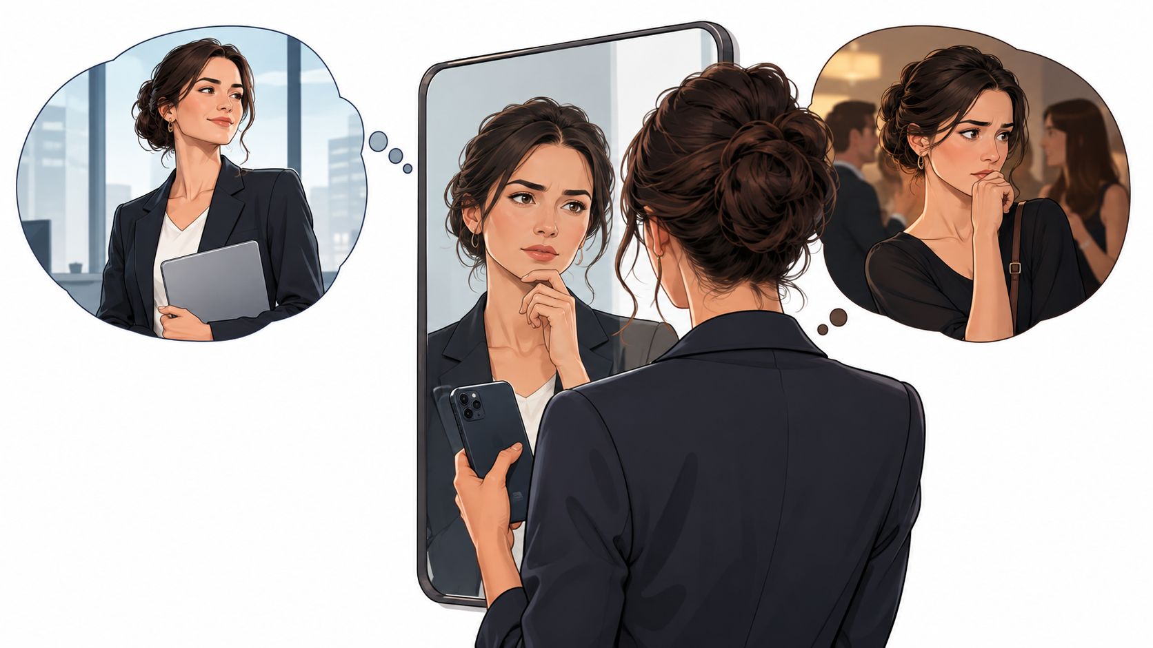 A woman looks in a mirror, reflecting on her professional appearance versus her insecure social self-image.