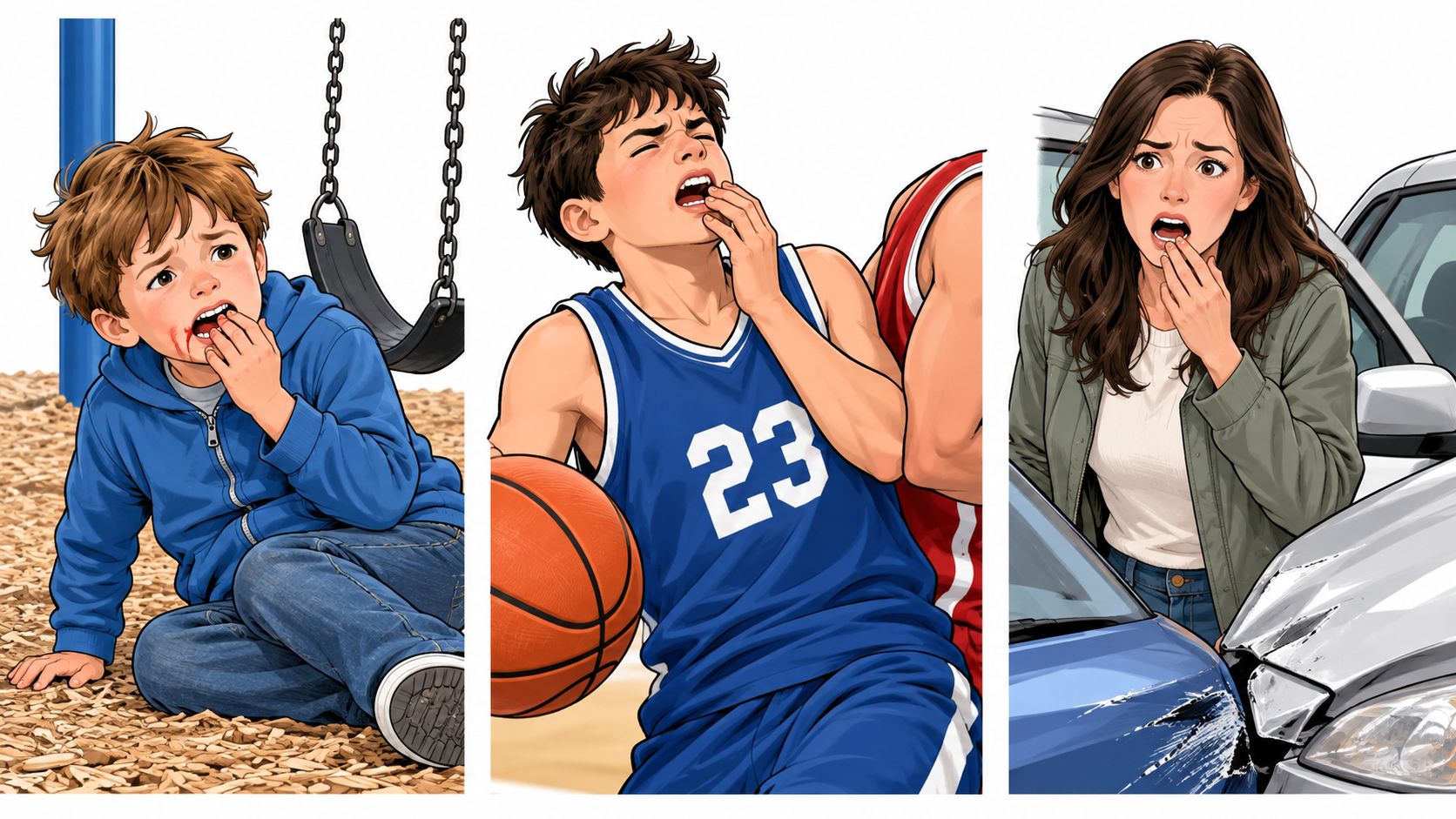 Three panels showing a child with a bloody mouth, a boy holding his jaw, and a shocked woman.