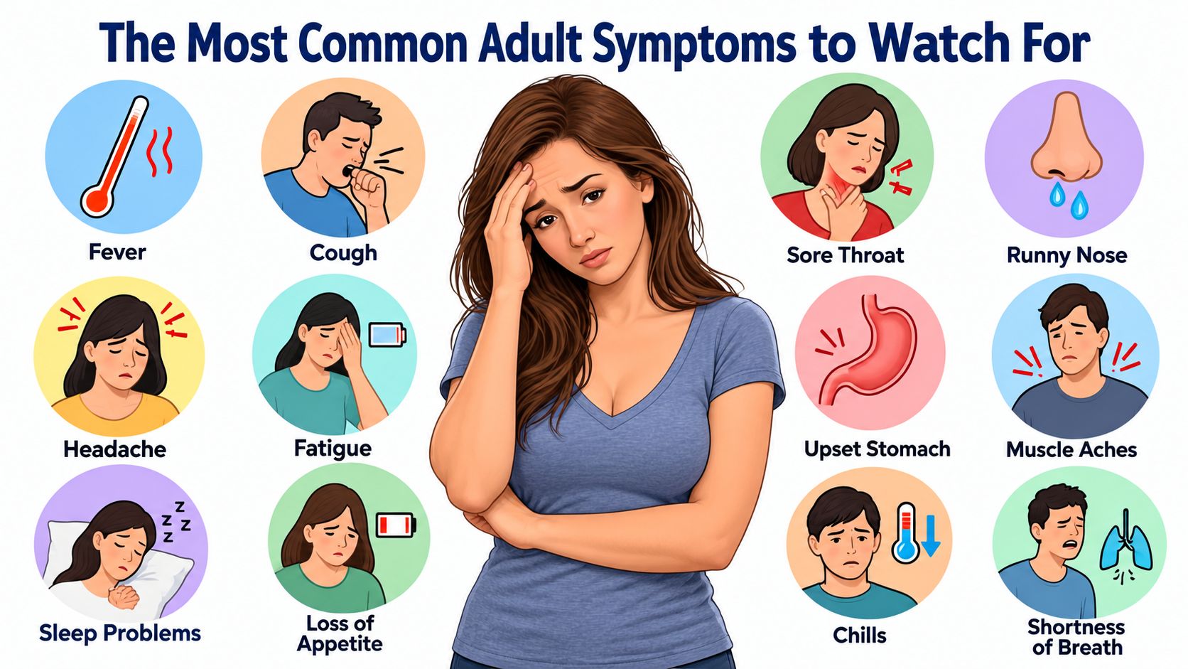 An infographic illustrating various common adult health symptoms including fever, cough, fatigue, headache, and shortness of breath.