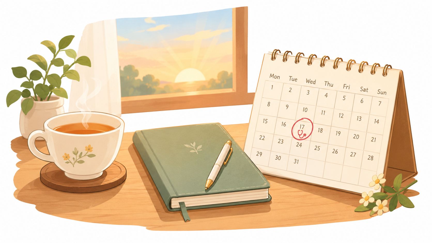 A cozy desk scene with a calendar, tea cup, and notebook during a calm, sunlit morning sunrise.