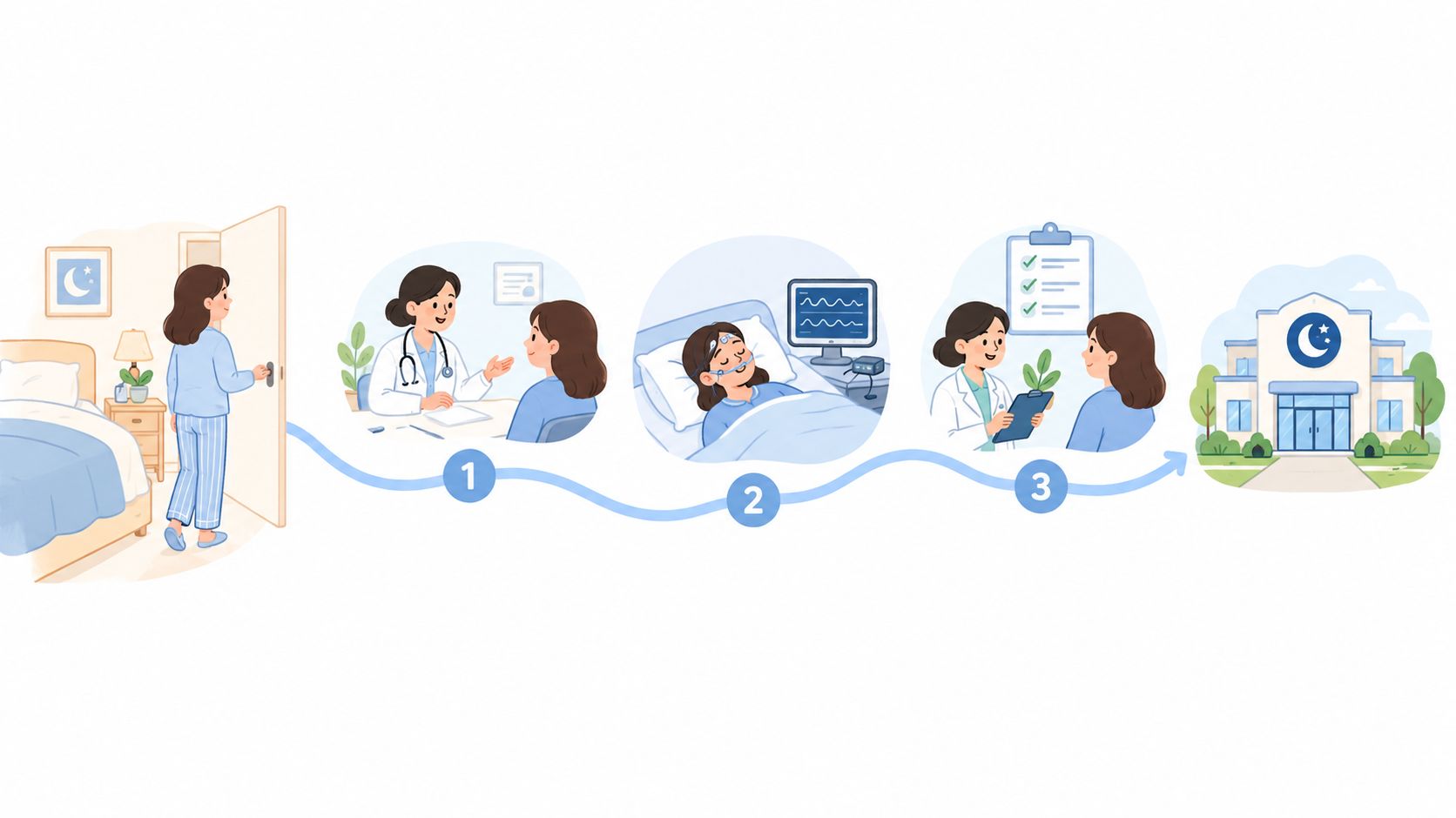 An illustration showing the medical process for diagnosing sleep apnea, from doctor consultation to testing and results.